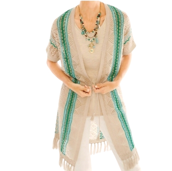 Linen Chicos Teal Fringe Cardigan Sz 1 sweater Boho - Picture 1 of 10